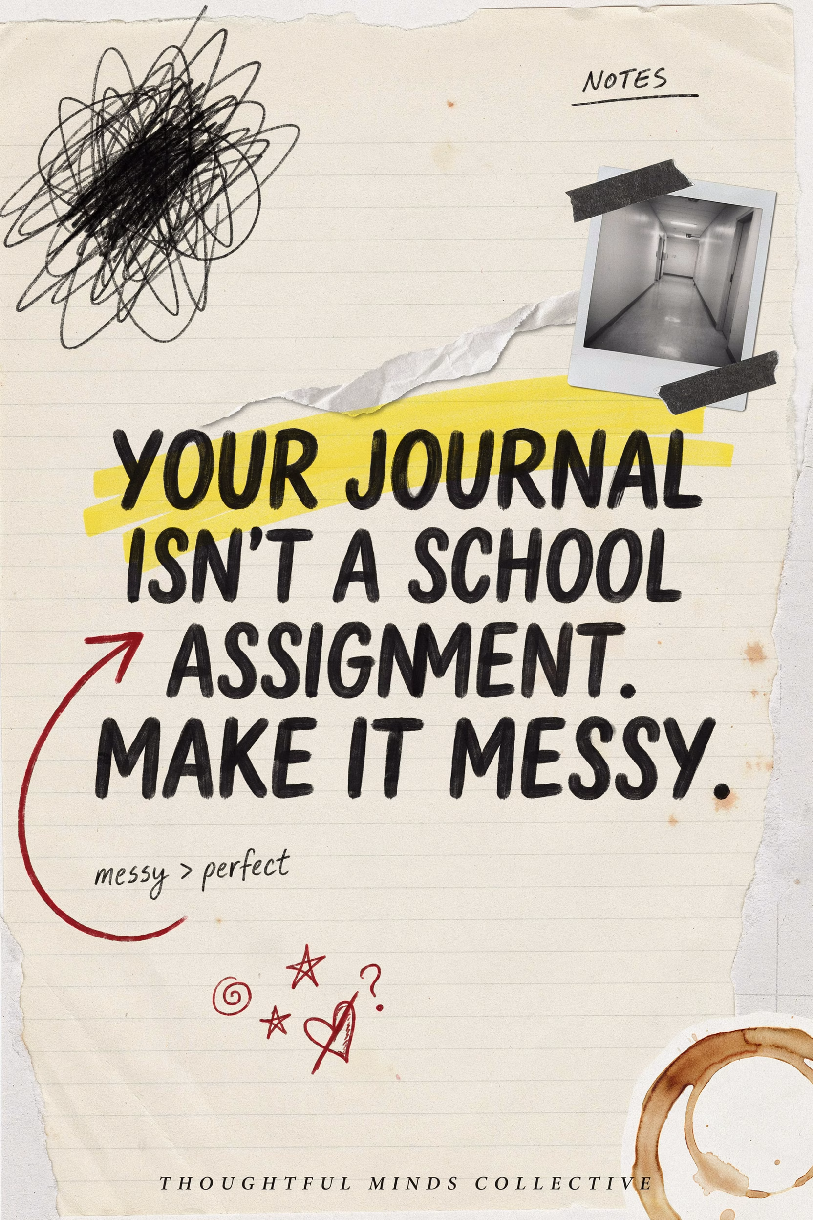 Pinterest pin with grungy scrapbook journaling aesthetic encouraging imperfect journaling.