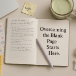 Flat lay of a journal open to one blank page and one messy page, surrounded by pastel pens, stickers, and a matcha latte—capturing the feeling of overcoming journaling blocks.