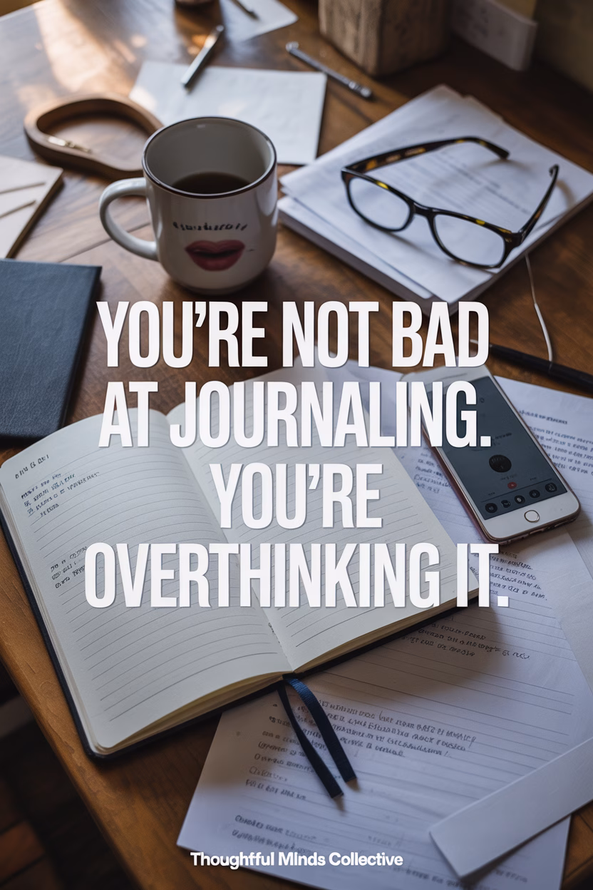 Open journal on a messy kitchen table surrounded by coffee cup, glasses, and everyday life items.
