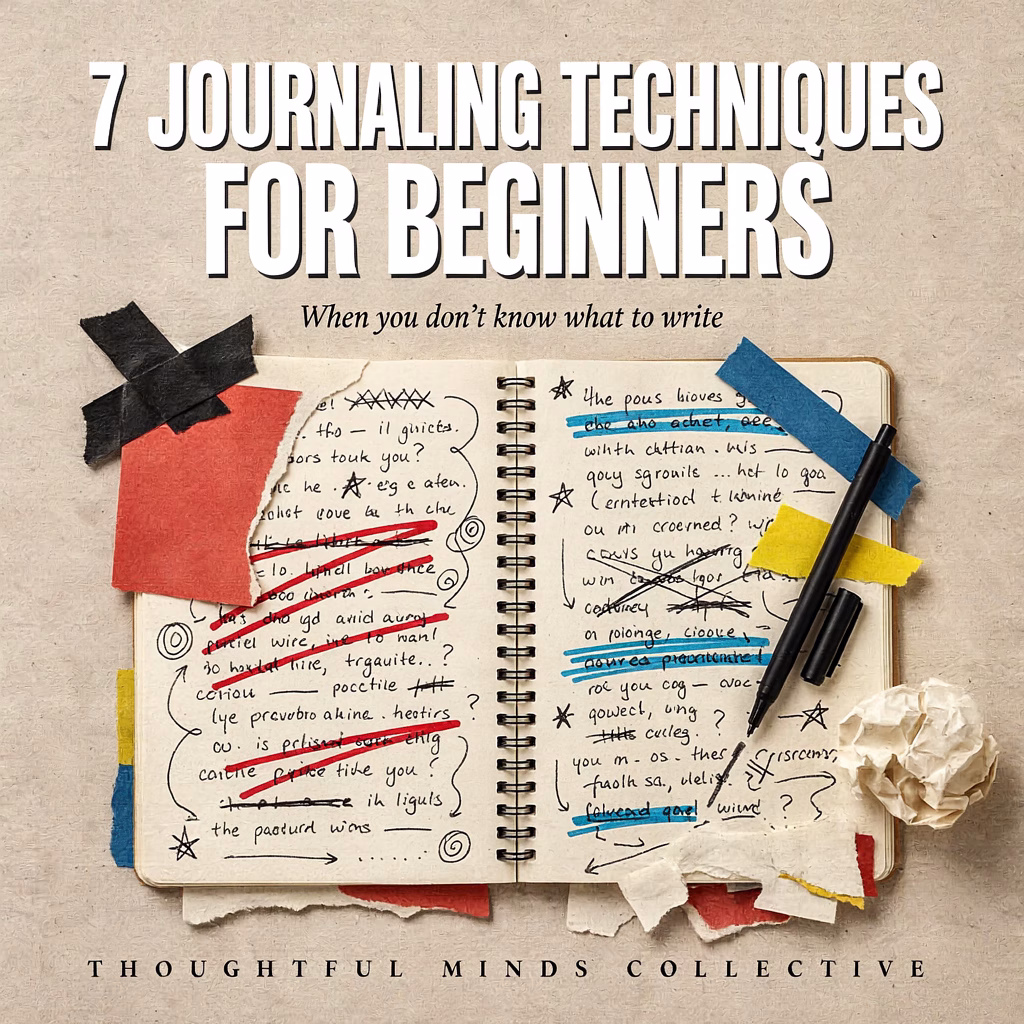 Bold editorial collage of an open journal surrounded by colourful scribbles, torn paper and marker strokes, with the text “7 Journaling Techniques for Beginners: When You Don’t Know What to Write.”