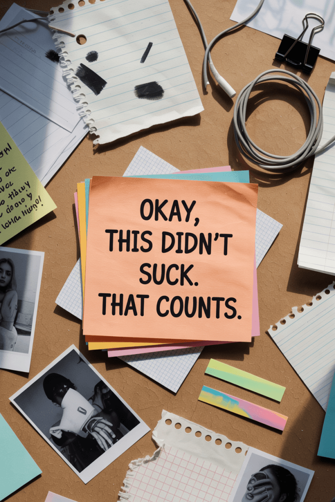 Moody collage-style flat lay with layered torn papers, sticky notes, and journal scraps. A brightly colored note in the center says, “Okay, this didn’t suck. That counts.” Surrounding elements add texture and Gen Z moodboard chaos.