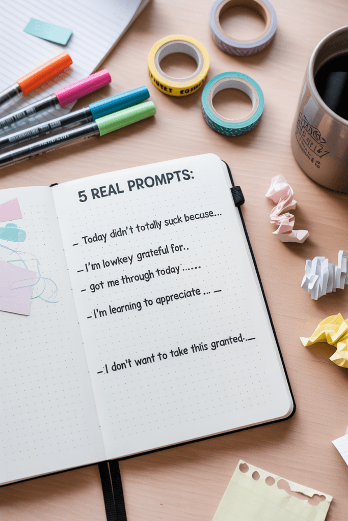 Top-down image of a colorful bullet journal setup. Page lists five gratitude prompts with playful bullet points. Surrounded by gel pens, washi tape, and a coffee mug. Bright daylight on a clean white desk adds vibrant energy.