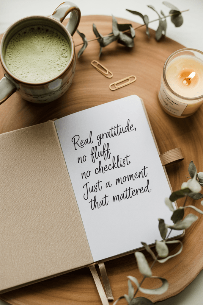Soft, calming flat lay of an open linen journal next to matcha latte, candle, and eucalyptus sprigs. Page contains the handwritten quote “Real gratitude, no fluff. No checklist. Just a moment that mattered.” Earth-toned, minimalist vibe.