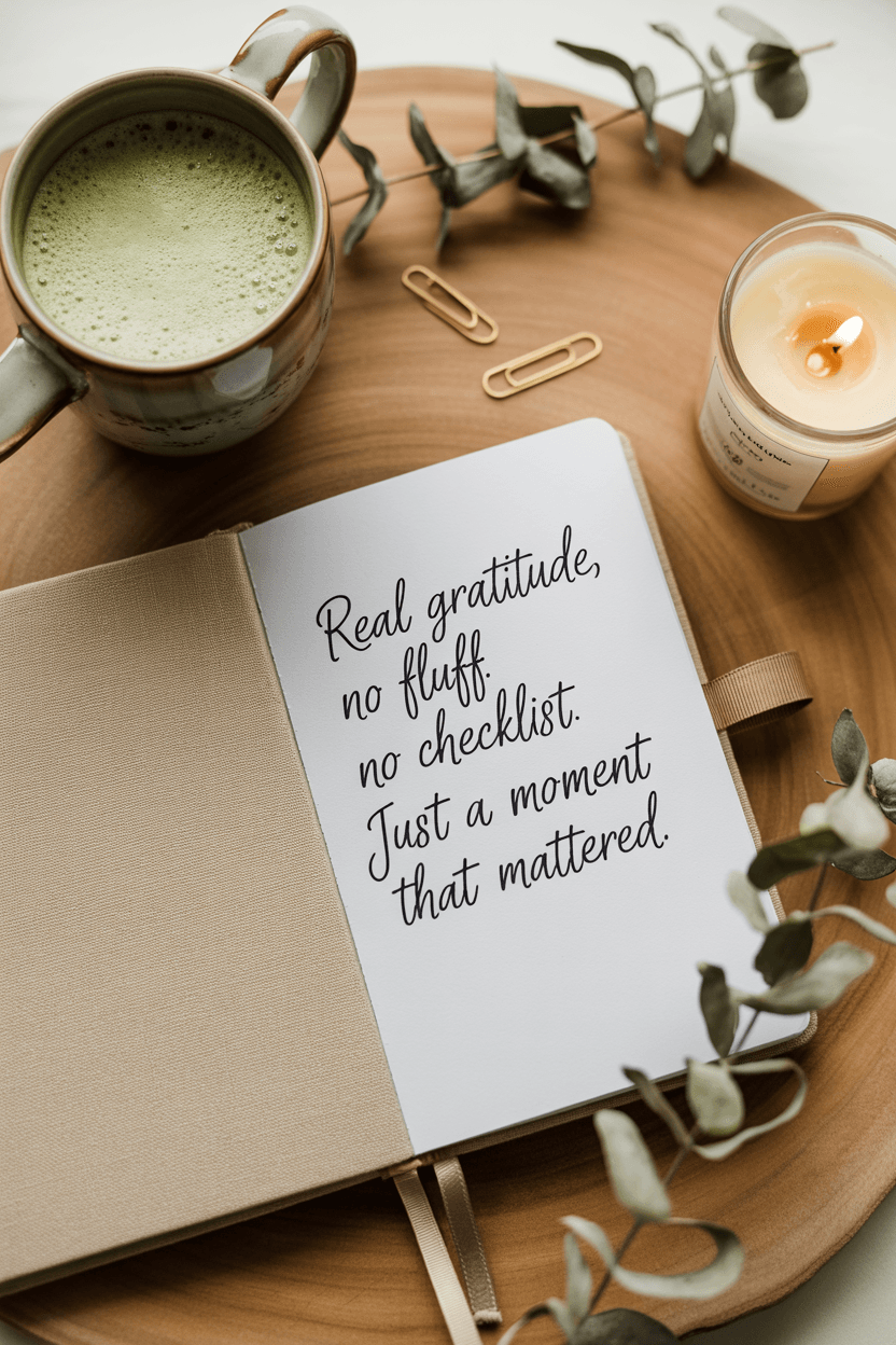 Soft, calming flat lay of an open linen journal next to matcha latte, candle, and eucalyptus sprigs. Page contains the handwritten quote “Real gratitude, no fluff. No checklist. Just a moment that mattered.” Earth-toned, minimalist vibe.