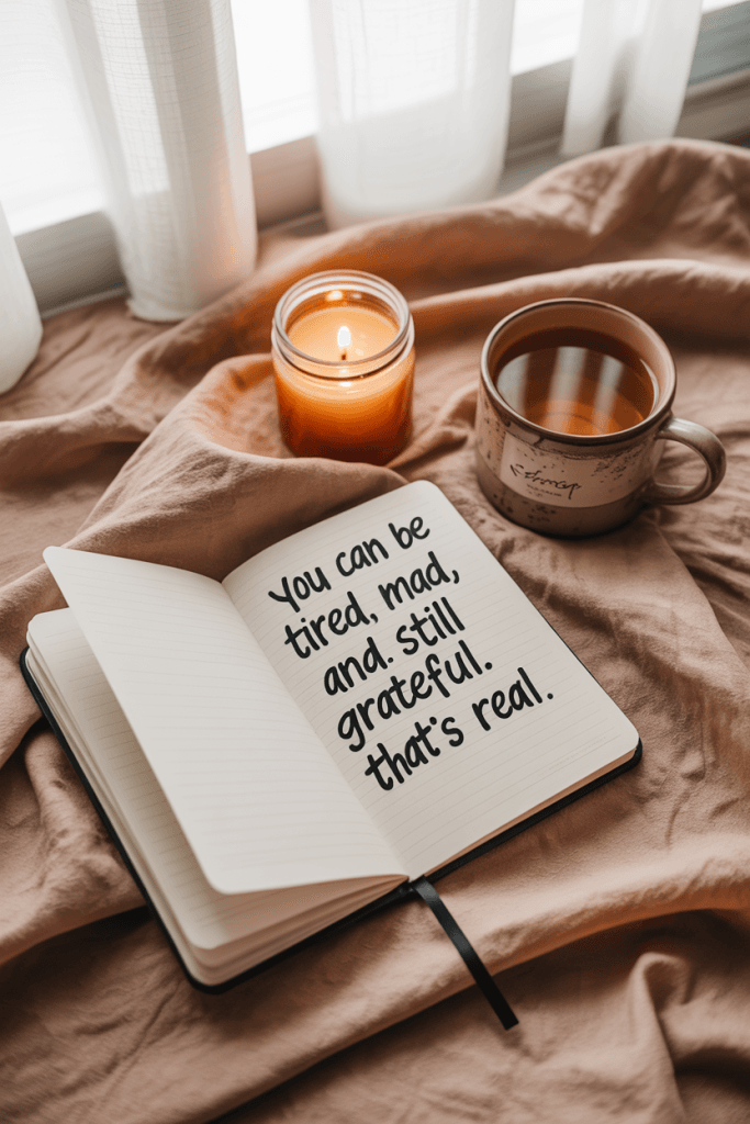 Warm flat lay of a cozy journal scene with a handwritten message about emotional honesty. Includes tea mug, candle, and soft blanket. Open journal reads “You can be tired, mad, and still grateful. That’s real.” Natural golden-hour lighting.