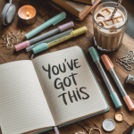 Messy journal scene with iced oat latte, scribbles, and cozy desk chaos in morning sunlight.