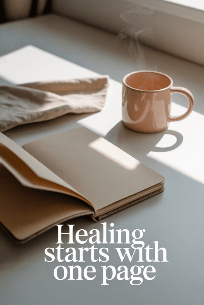 Minimalist soft-toned journal setup promoting calm and mental health journaling.
