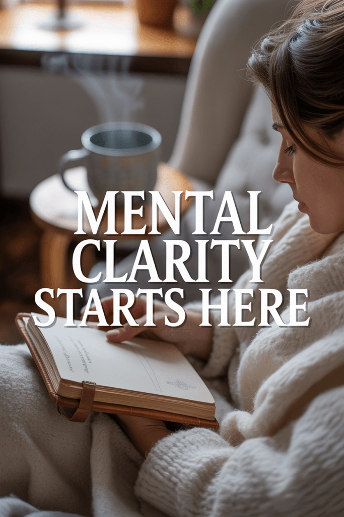 Blurred cozy self-care scene with bold emotional journaling text about healing.
