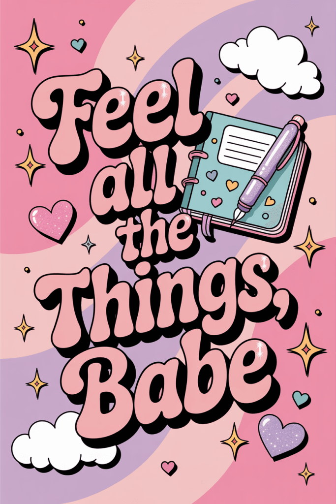 Playful pastel Y2K journaling image with sparkles and healing text overlay.

