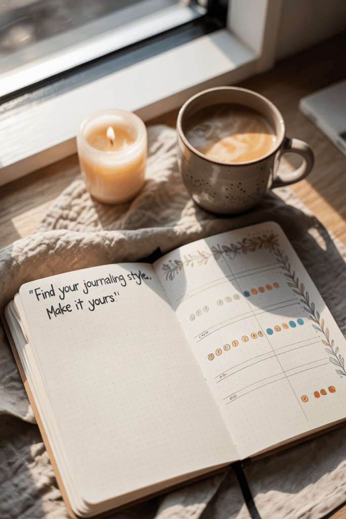 “Flatlay of a cozy journaling setup with an open bullet journal, linen background, lit candle, and latte. Overlay text says ‘Find your journaling style. Make it yours.