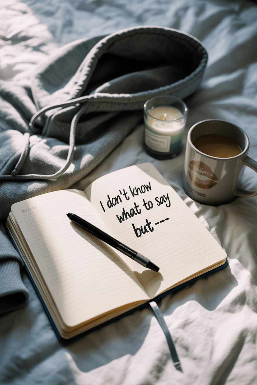 A journal flat lay on soft bedding with scattered prompts written like a lazy text message. Ambient glow. Moody but comforting.