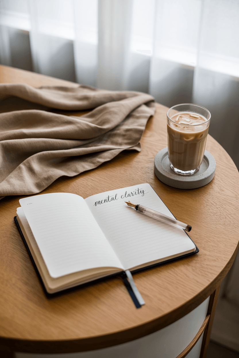 Clean journal setup on a neutral-toned desk with iced latte and flower detail