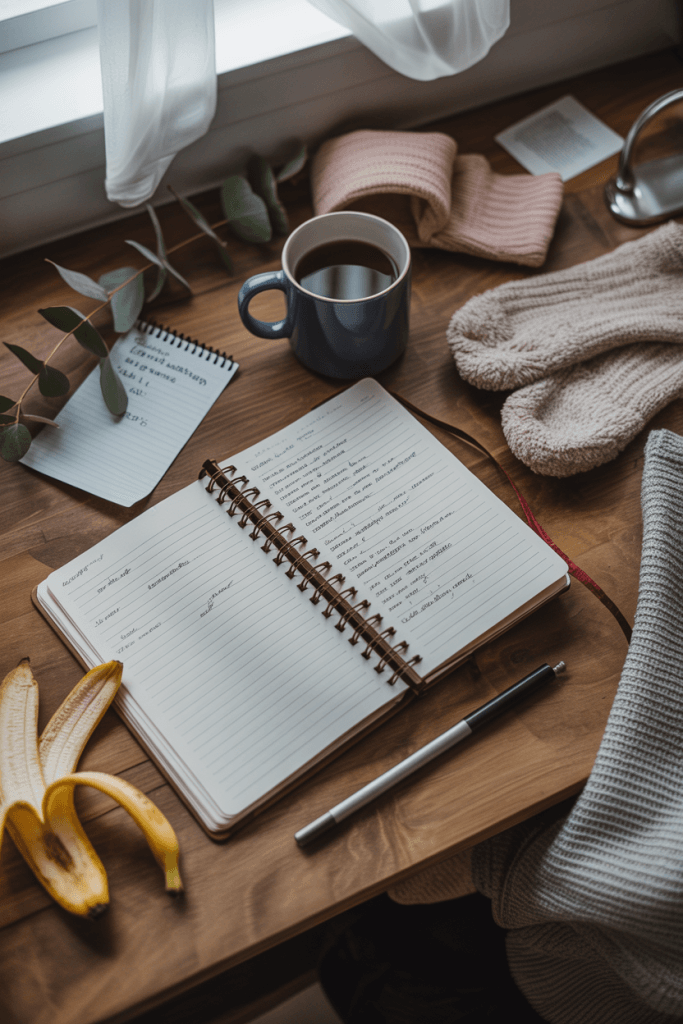 Messy journaling scene with scribbles, socks, and warm coffee.