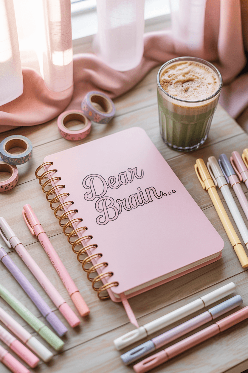 Pastel flat lay journaling setup with dreamy colors and sunlight.