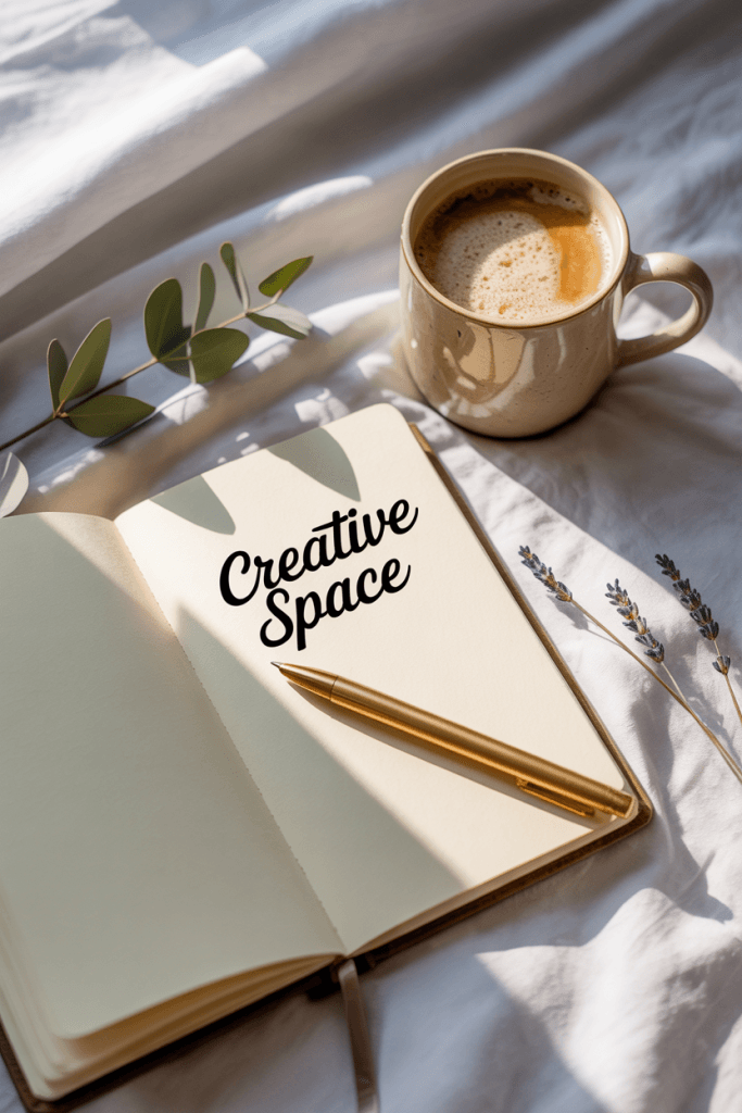 Flat lay of minimalist journal on white bedding with coffee and soft light