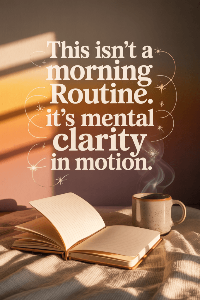 Bold text overlay with a soft split background, journal and coffee elements, and cozy morning textures.