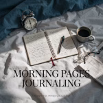 Morning Pages journaling setup with an open handwritten notebook, pen and coffee in early morning light.