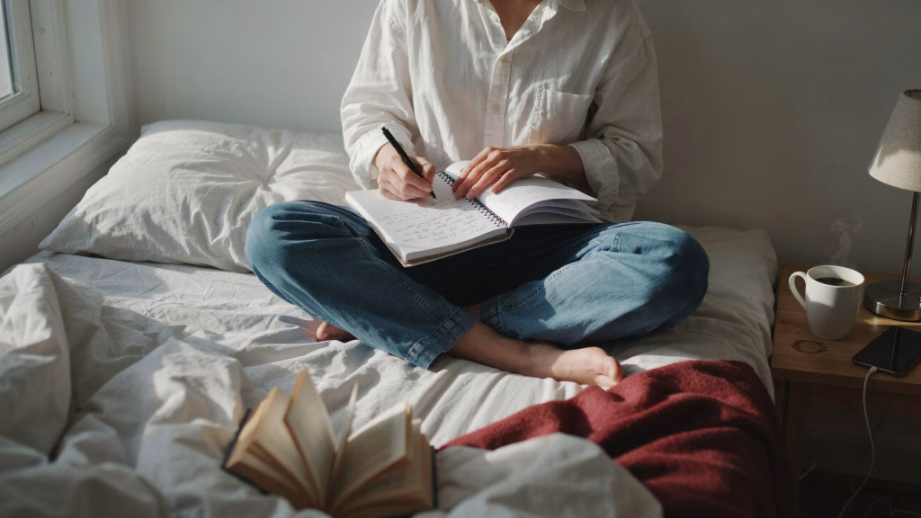 Person writing Morning Pages by hand in a notebook while sitting on an unmade bed in the morning.