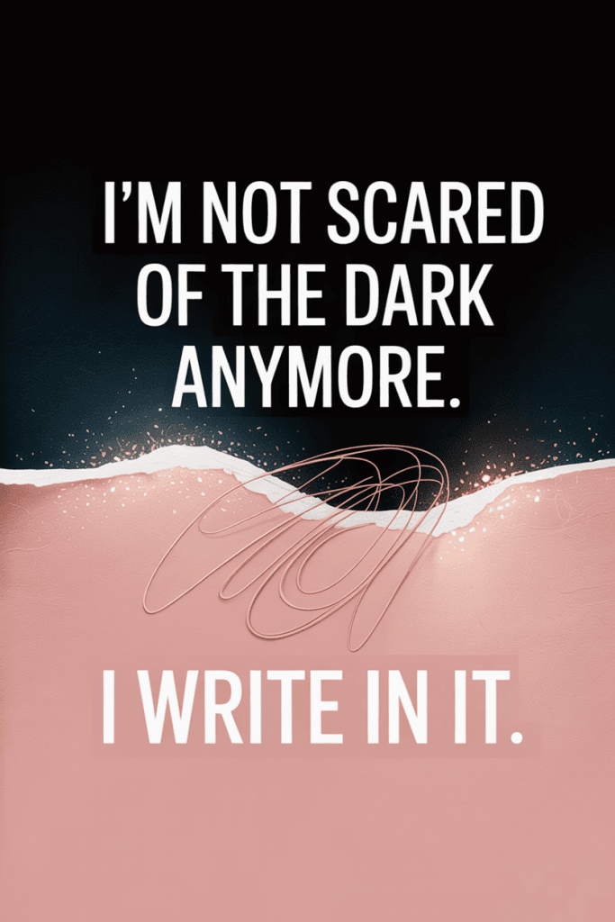 Bold quote pin with split black and pink background and the phrase “I’m not scared of the dark anymore. I write in it.”