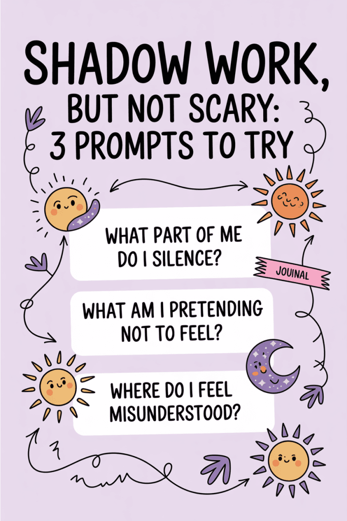 List-style pin with prompts for shadow work on a purple scribbled background with sun/moon and tape-style design.