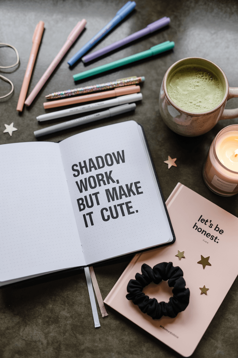 Cute but gritty journal setup with pastels and dark background, styled with sparkles and handwritten journaling.