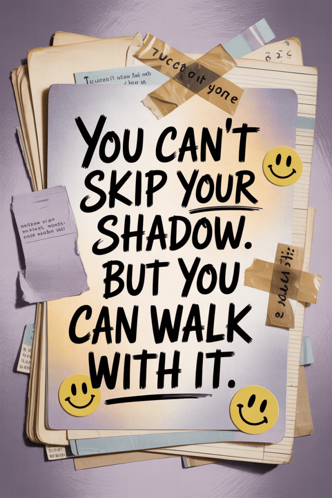Collage-style quote pin with torn paper textures and the phrase “You can’t skip your shadow. But you can walk with it.”