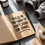 Gritty journal on concrete desk, journal open with emotional scrawl, black pen, matcha mug, subtle candle glow