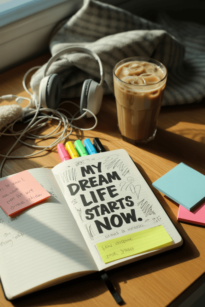 Flat lay of a chaotic vision journal with gel pens, sticky notes, and cozy personal items in warm sunlight.