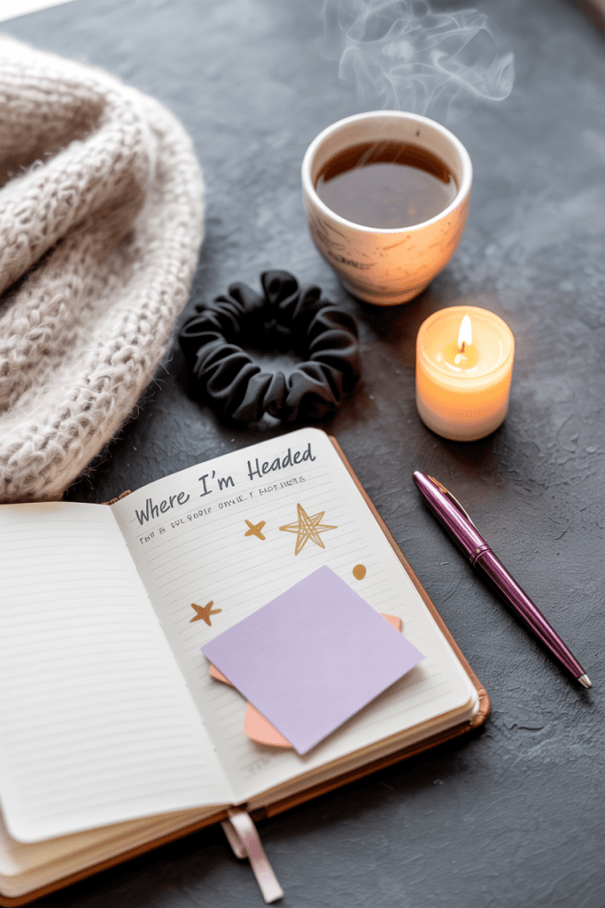 Vision journal on dark desk with candlelight, soft pens, and moody-but-hopeful journal entry.