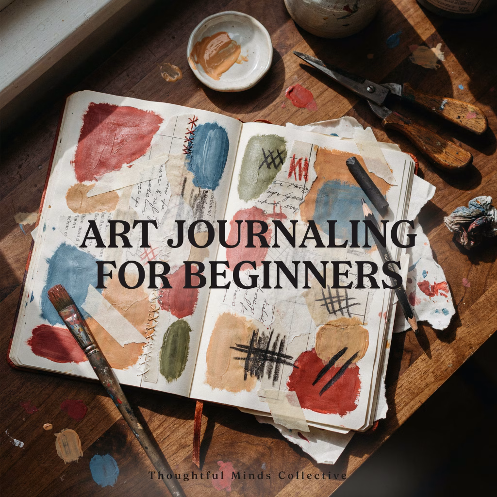 Open mixed-media art journal with layered paint, torn paper, handwritten notes and collage, illustrating art journaling for beginners.