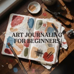 Open mixed-media art journal with layered paint, torn paper, handwritten notes and collage, illustrating art journaling for beginners.