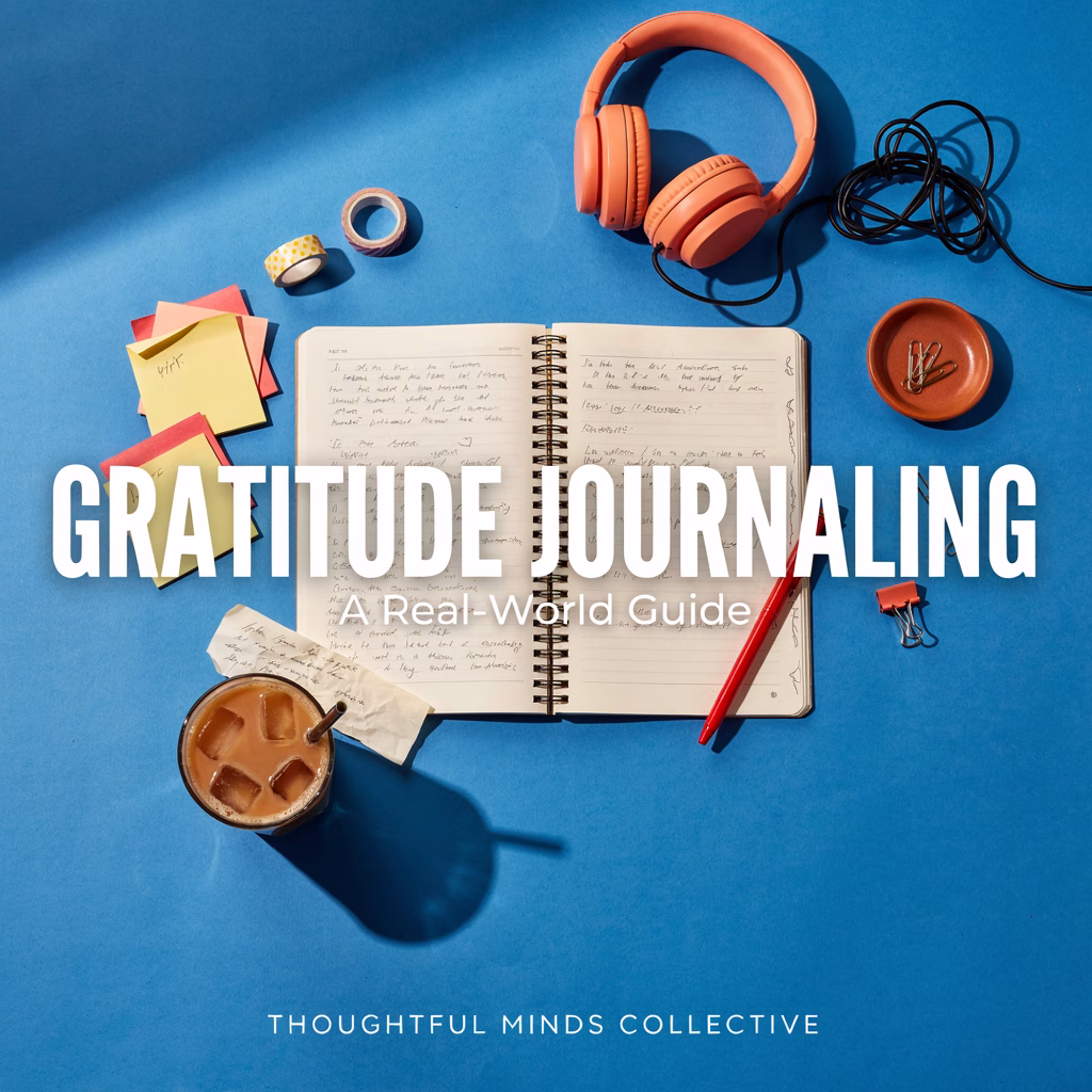 Bright blue desk with an open gratitude journal, colourful stationery, headphones, iced coffee and bold Gratitude Journaling text.