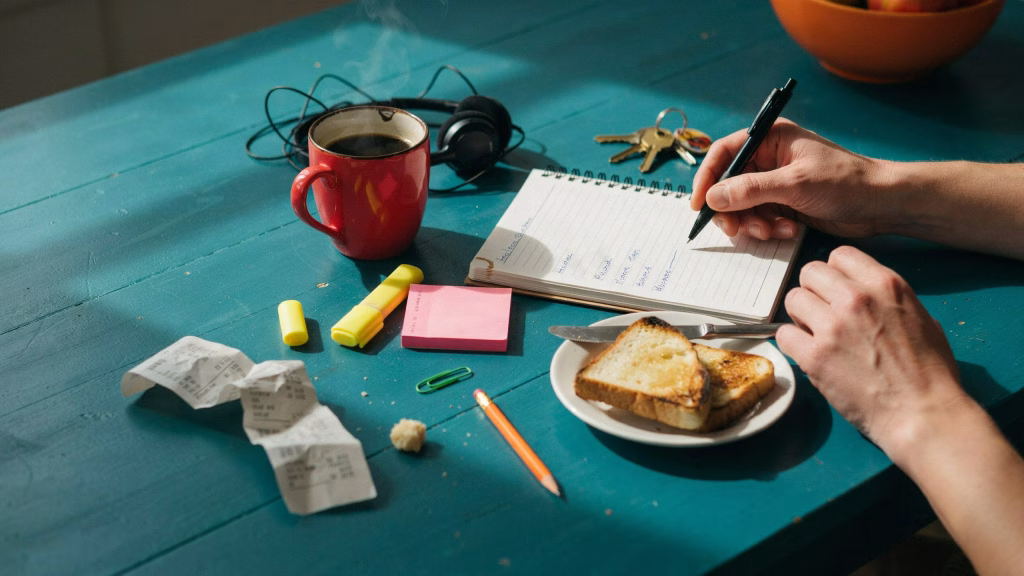 Person writing a short gratitude entry in a notebook at a colourful, lived-in kitchen table.