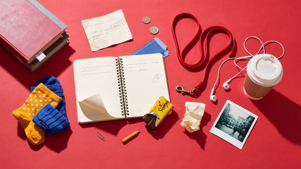 Open journal surrounded by everyday comforts, including colourful socks, headphones, a book, dog lead, coffee and a handwritten note.