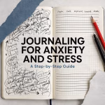 Open journal showing scattered thoughts becoming more organised, with the text Journaling for Anxiety and Stress: A Step-by-Step Guide.