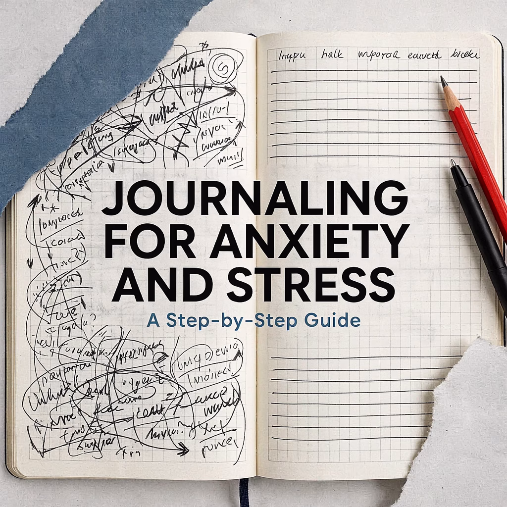 Open journal showing scattered thoughts becoming more organised, with the text Journaling for Anxiety and Stress: A Step-by-Step Guide.