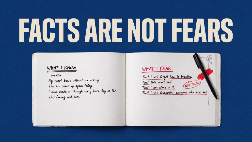 Open journal divided into What I Know and What I Fear for a facts-versus-fears anxiety journaling exercise.