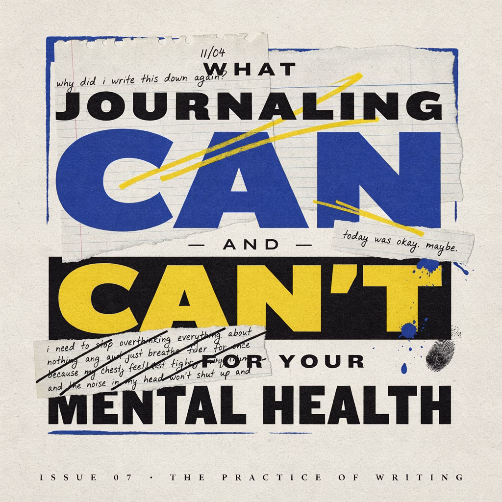 Editorial poster asking what journaling can and can’t do for your mental health, with layered notebook paper and handwritten details.