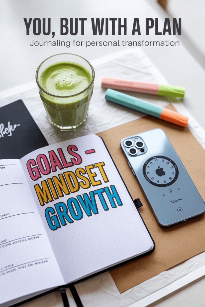 lat lay with matcha latte, iPhone 15 with timer, bullet journal goals spread — journaling for personal transformation aesthetic.