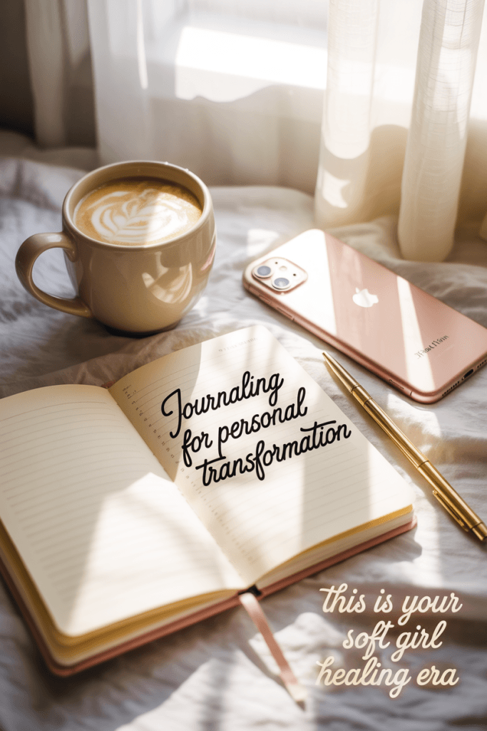 Cozy flat lay with open journal, oat latte, iPhone 15 and soft gold text about journaling for personal transformation.