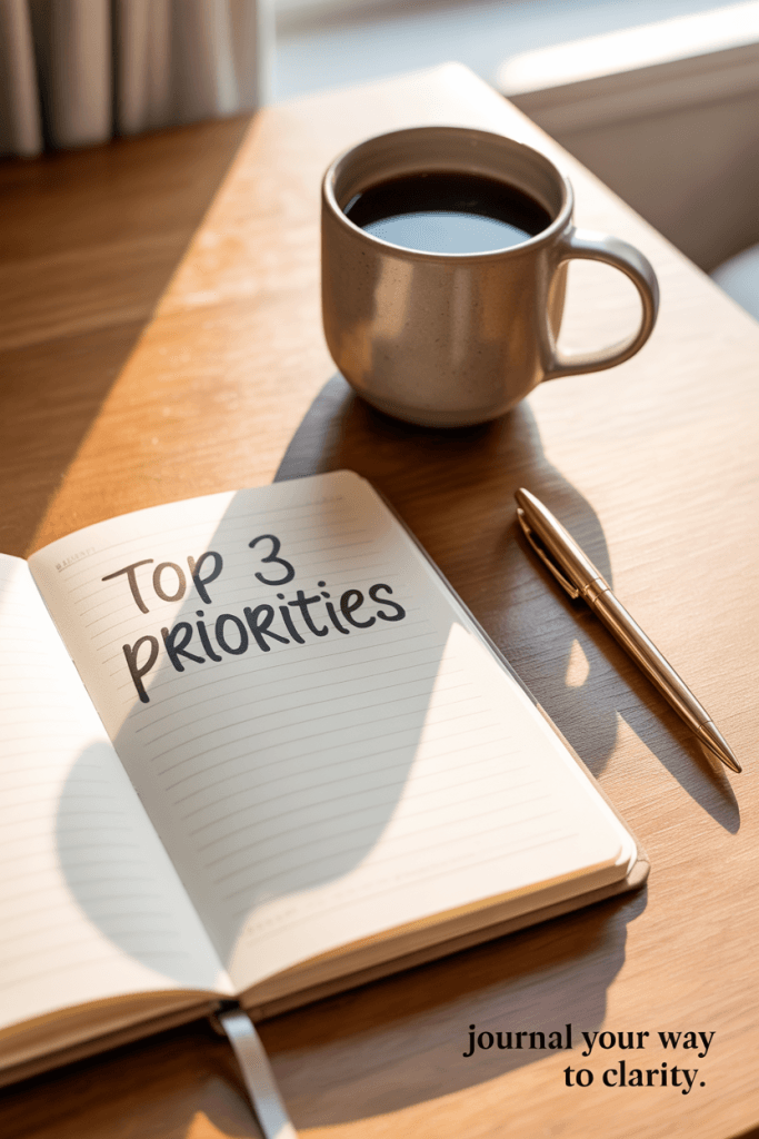 Cozy desk with open productivity journal, coffee mug and sunlight — journaling for productivity cozy setup