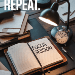 Minimalist dark journaling setup with “Focus Session” notes — journaling for productivity grunge style