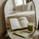 Mirror reflection showing journal, handwritten self-discovery prompt, iPhone 15, iced matcha, and jewelry — soft Gen Z journaling aesthetic.