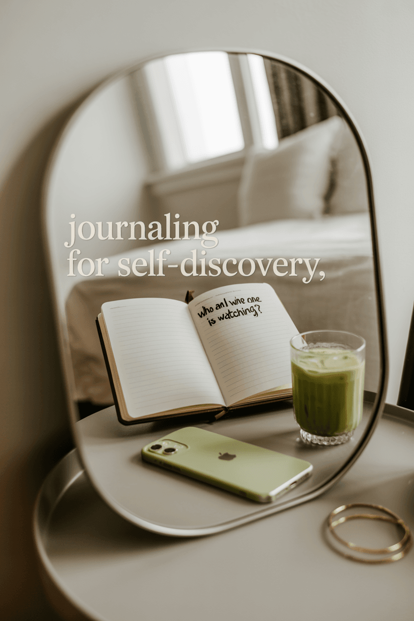 Mirror reflection showing journal, handwritten self-discovery prompt, iPhone 15, iced matcha, and jewelry — soft Gen Z journaling aesthetic.