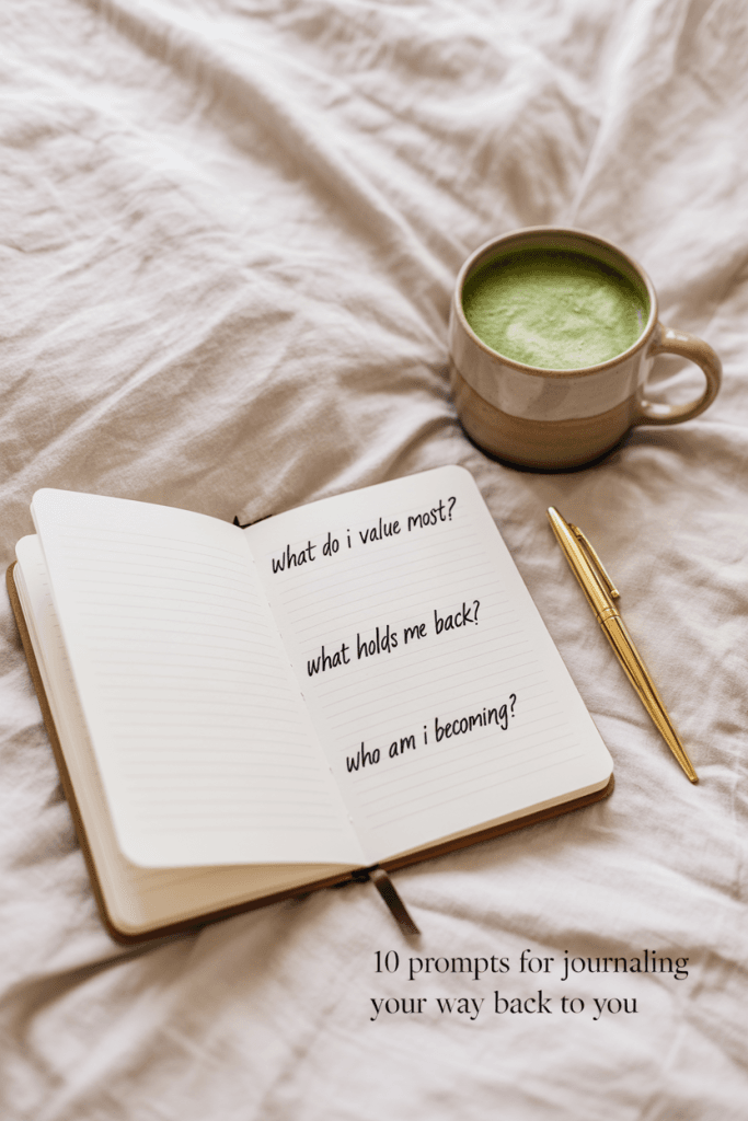 Cozy bed scene with open journal, oat latte, and soft lighting — journaling for self-discovery prompt pin.