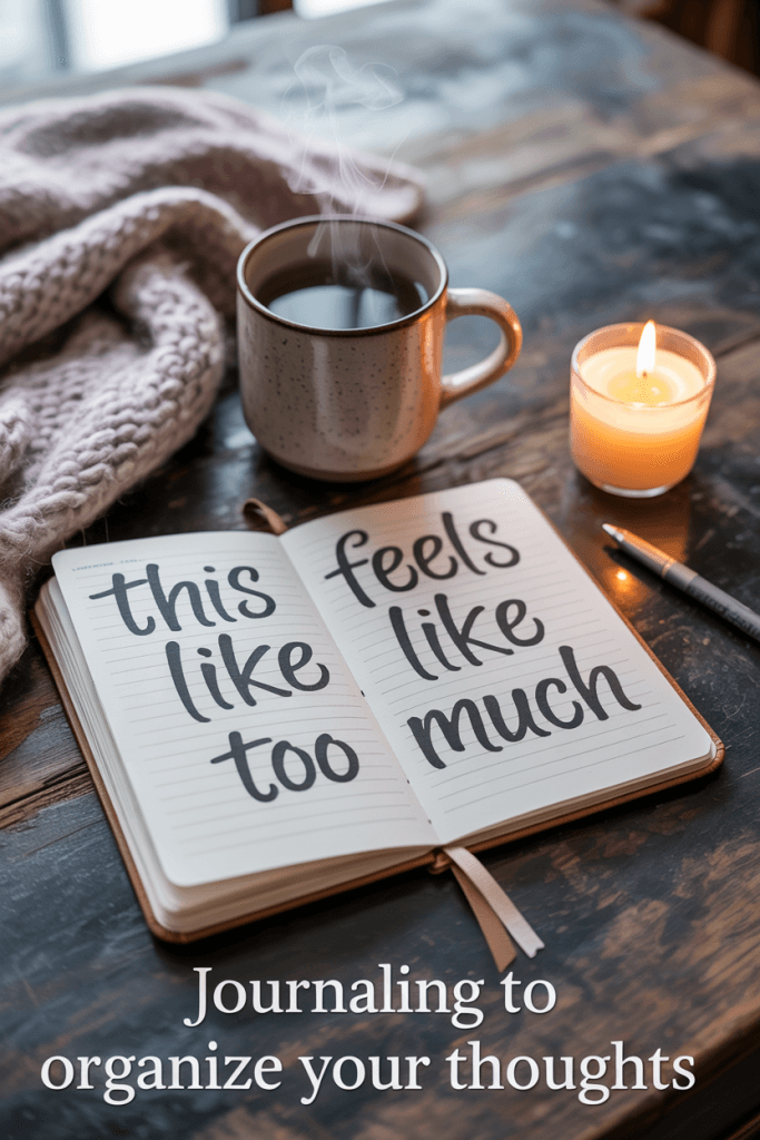 Dark cozy journal scene with tea, candle, handwritten page — late-night journaling for mental clarity.