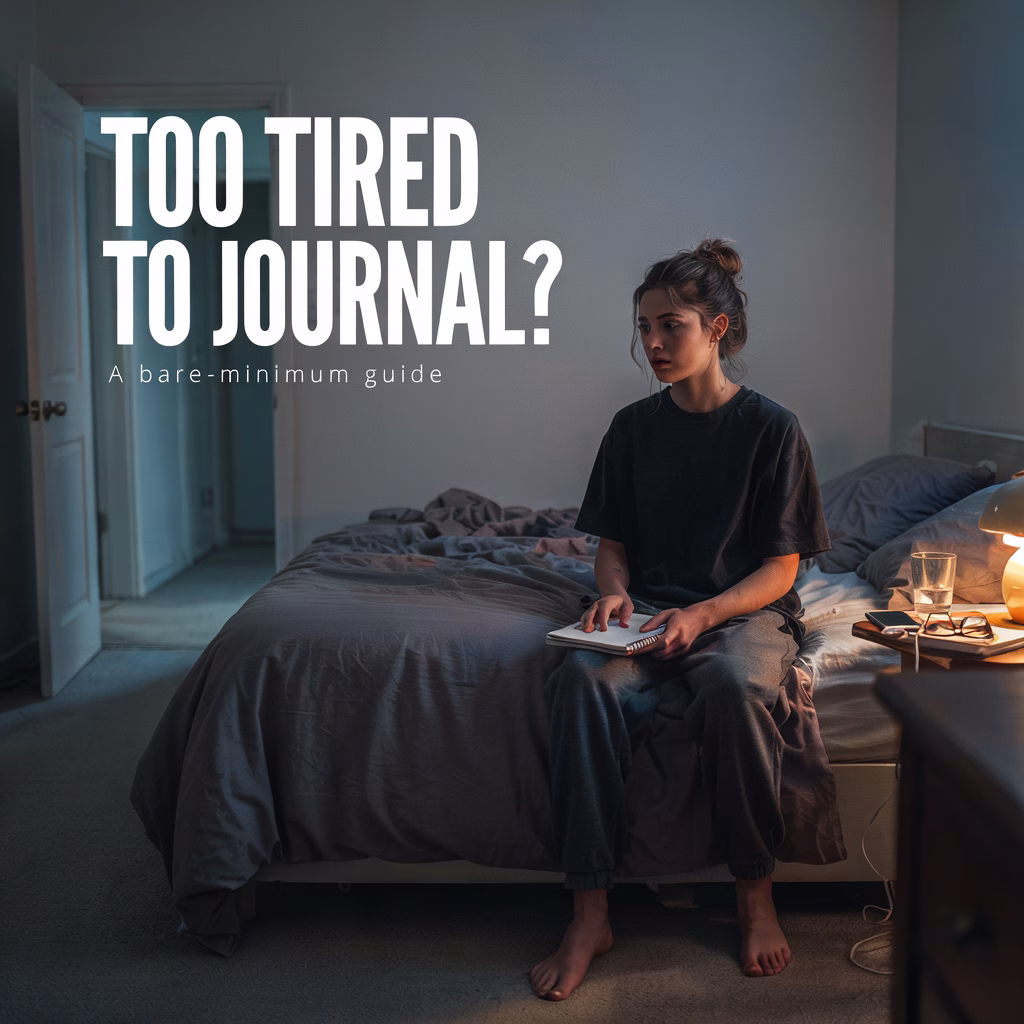 Mentally exhausted woman sitting on an unmade bed holding a closed notebook, with text reading “Too Tired to Journal?”