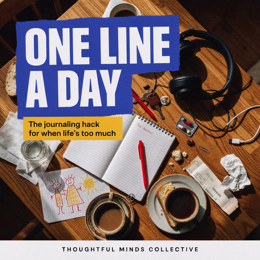 Open notebook with a single short journal entry on a cluttered kitchen table, with bold text reading “One Line a Day: The journaling hack for when life’s too much.”