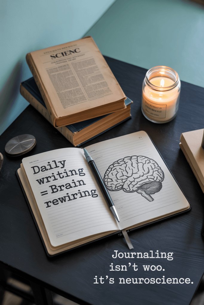 Moody science-themed journaling desk with brain sketch and text saying journaling isn’t woo—it’s neuroscience.