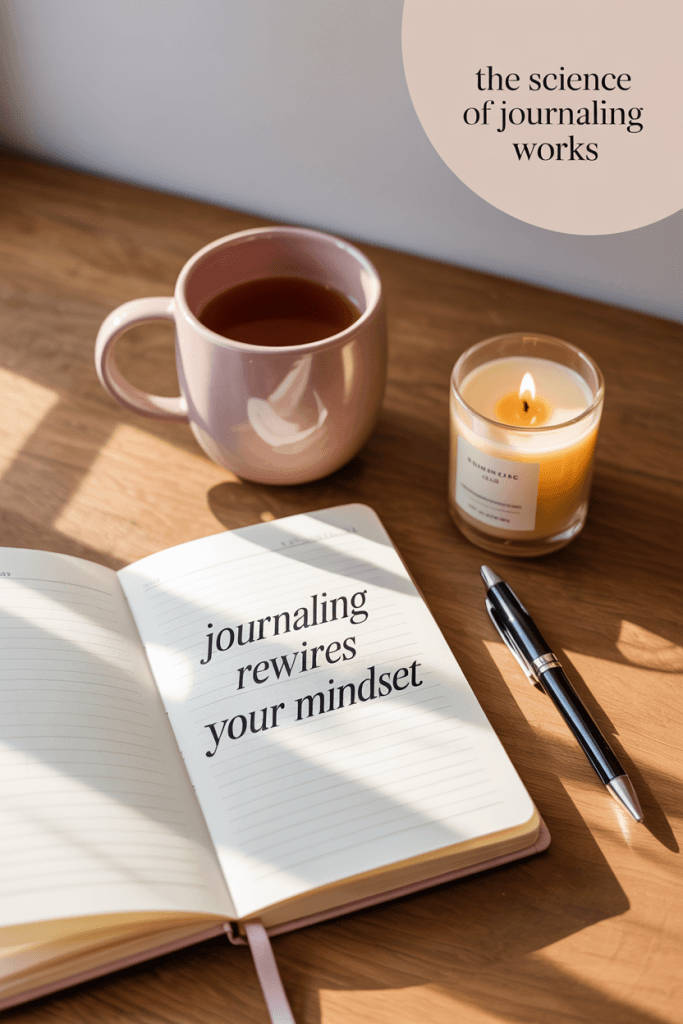 Cozy desk scene with open journal, candle, tea, and handwriting about how journaling rewires your mindset.